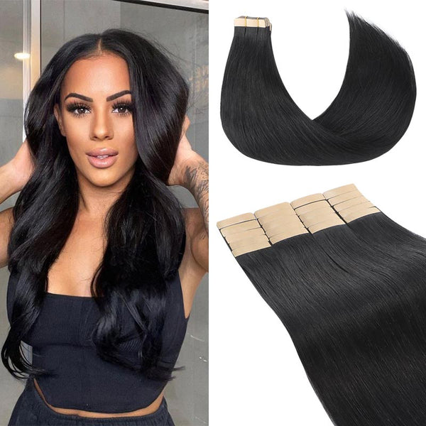 Seamless Shine: Tape-In Hair Extensions for Glossy Locks - Jet Black